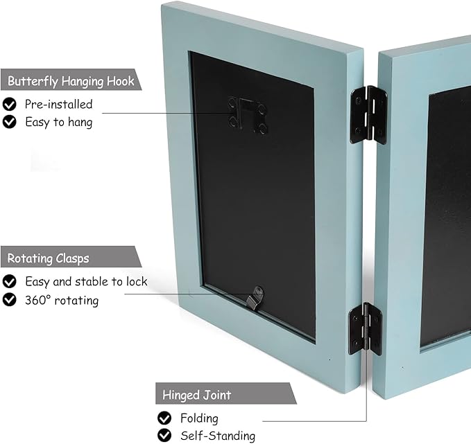 4x6 Double Hinged Picture Frame Folding Photo Frame Horizontal and Vertical in Teal Blue Pine Wood with Real Glass for Tabletop X2-LAN-HS46