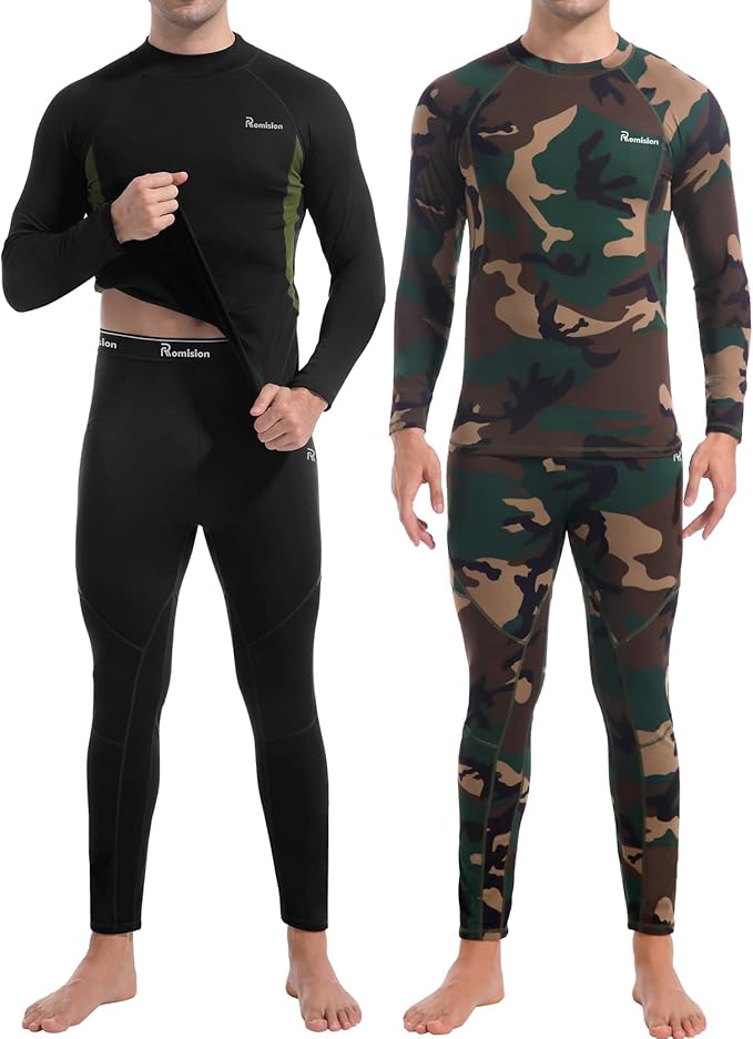 romision 2 Pack Thermal Underwear for Men Long Johns Fleece Lined Hunting Gear Bottom Top Set Base Layer Cold Weather XS-4XL