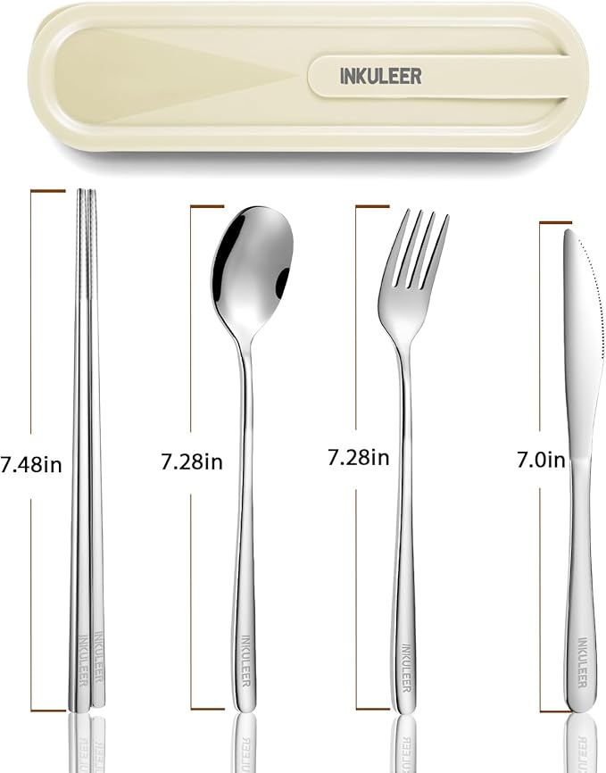 Travel cutlery set, 18/8 stainless steel cutlery, Reusable utensils set with case, Portable Silverware Lunch Box for Camping and Office-Stainless steel