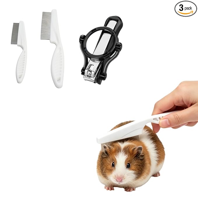 Guinea Pig Grooming Kit - Nail Clippers with Magnifying Glass & 2-Piece Fine-Tooth Comb Set for Small Animals, Rabbit, Hamster, Hedgehog, Ferret, Chinchilla, Sugar Glider (white)