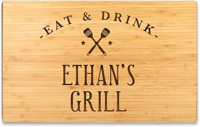 Andaz Press Personalized Large Bamboo Wood BBQ Cutting Board Gift for Newlyweds, 17.75 x 11-inch, Smith Family Grill, 1-Pack, Custom His Her Mr. Mrs. Wedding Laser Engraved Serving Chopping Board