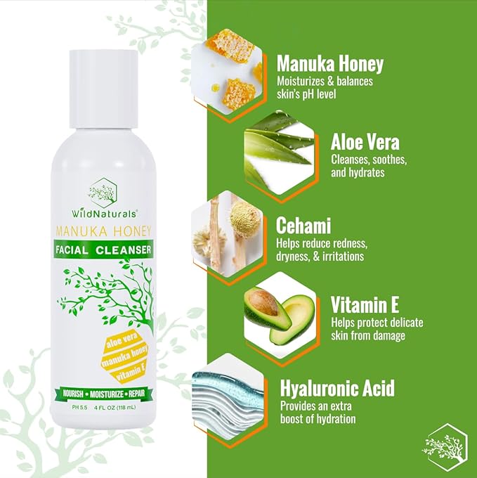 Wild Naturals Eczema & Psoriasis Cream for Dry, Itchy Skin + Gentle Manuka Honey Face Wash - Eczema Facial Cleanser with Aloe Vera Extract, Hydrating & Soothing for Dry, Sensitive Skin