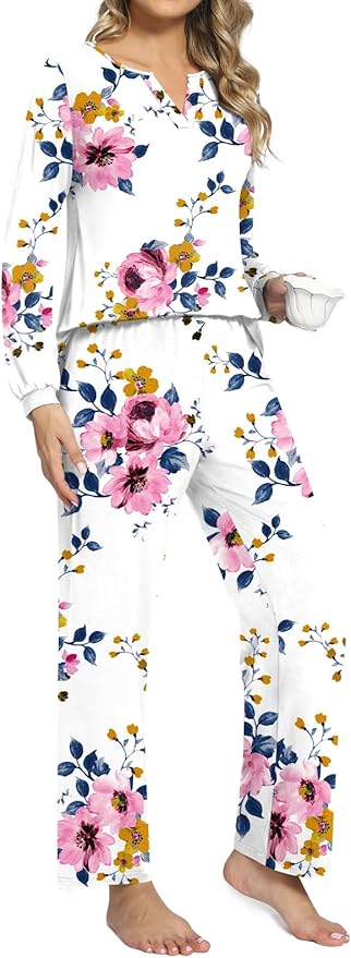 Anyally Women's Plus Size Pajama Sets Ladies Fall Pjs 2 Pieces Lounge Outfits V Neck Long Sleeves Sleepwear with Pockets