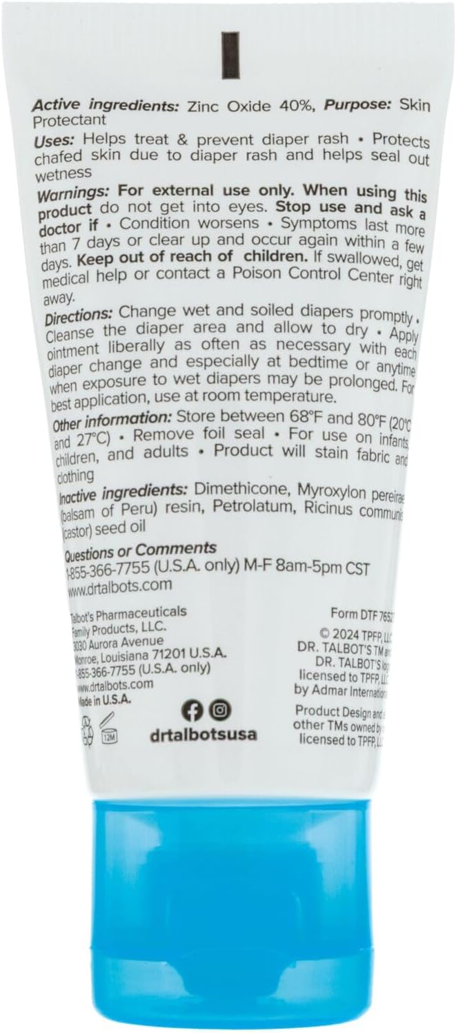 Dr. Talbot's Maximum Strength Diaper Rash Ointment - 2 oz - Zinc Oxide Skin Protectant with Peruvian Balsam - Treats and Prevents Rash