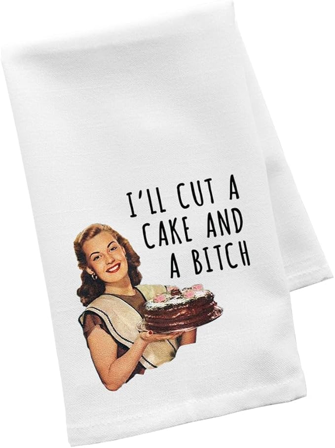 Andaz Press Funny Retro Kitchen Towel, Flour Sack Tea Towel, I'll Cut A Cake and A Bitch, Kitchen Gifts for Mom, Women Daughter, Hostess, Birthday, Housewarming Kitchen Decor