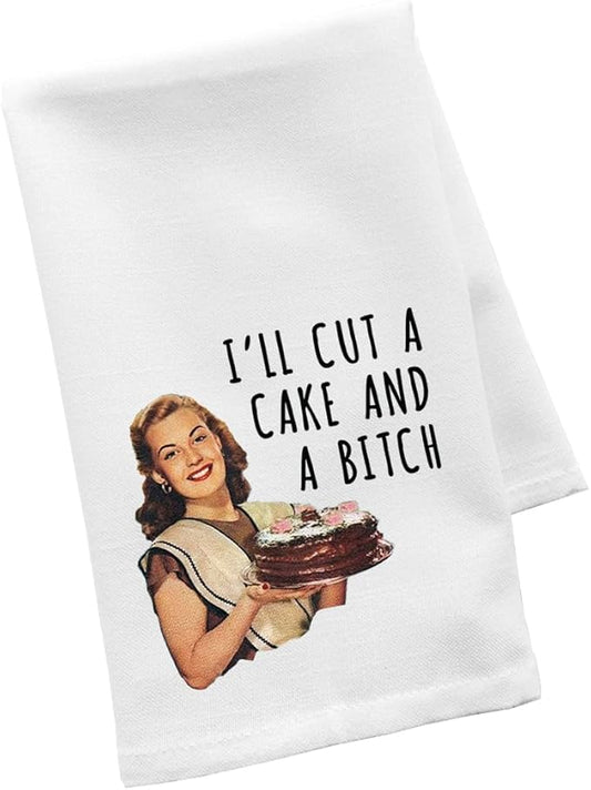 Andaz Press Funny Retro Kitchen Towel, Flour Sack Tea Towel, I'll Cut A Cake and A Bitch, Kitchen Gifts for Mom, Women Daughter, Hostess, Birthday, Housewarming Kitchen Decor