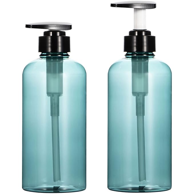 Yebeauty Pump Bottle, 2 Pack 17oz Plastic Lotion Bottle Pump Dispenser Large Bottle for Shampoo Soap, Clear Blue
