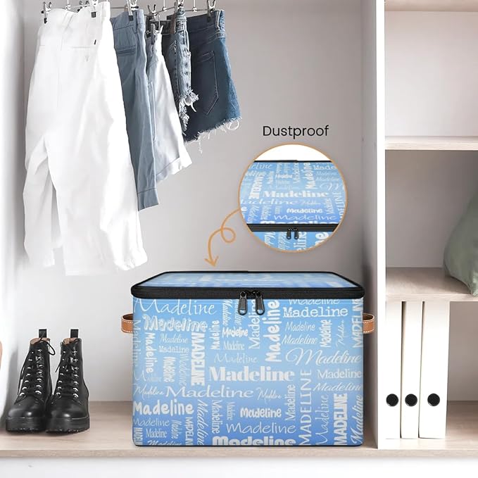Custom Storage Basket with Name, Personalized Keepsake Box with Zipper Lid, Foldable Fabric Memory Bin Large capacity with Handle Blue