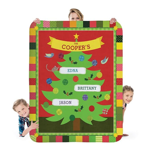 I See Me! Family Christmas Tree Personalized Blanket - Custom Name Blanket - Sherpa Throw Blanket