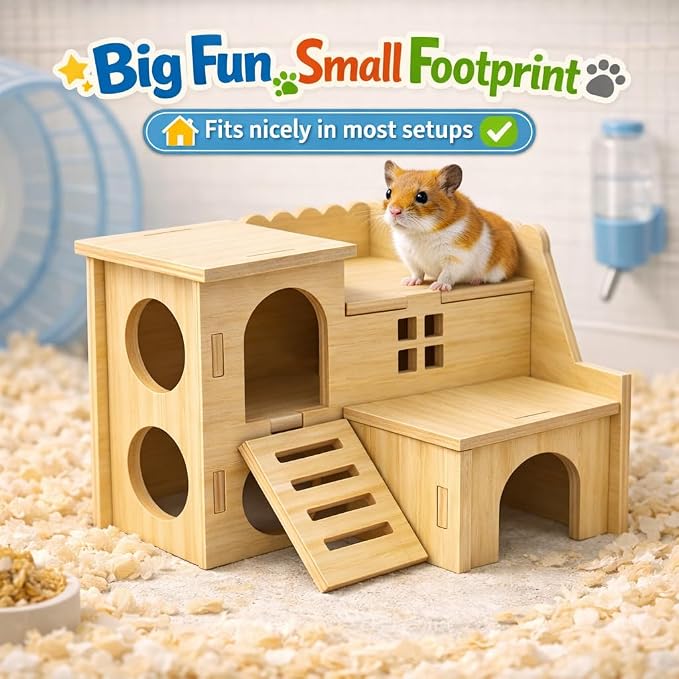 Tiny Hamster Maze Wood House Fun Slide House Double-Decker Hut for Dwarf Gerbil Mouse Mice Rat Small Animals(Only for Small Hamster)