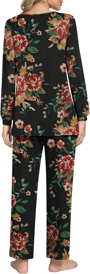 Anyally Women's Plus Size Pajama Sets Ladies Fall Pjs 2 Pieces Lounge Outfits V Neck Long Sleeves Sleepwear with Pockets