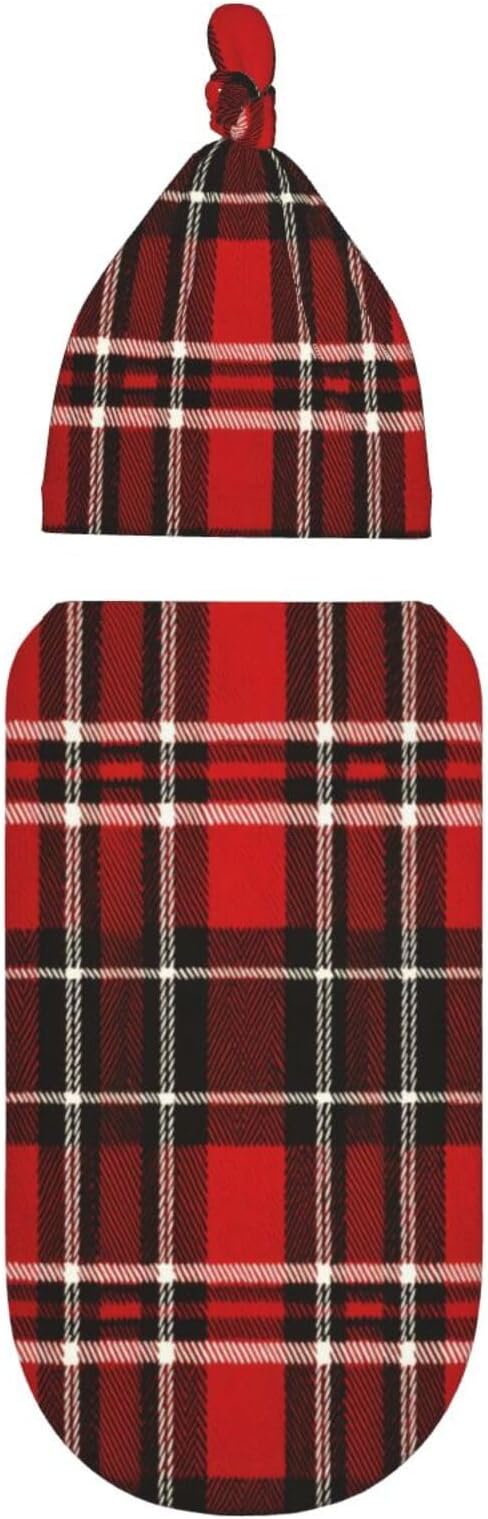 Christmas Baby Swaddle Blanket and Hat Set for Newborn Boys Girls Soft Infant Wrap Sleep 0-6 Months Buffalo Plaid