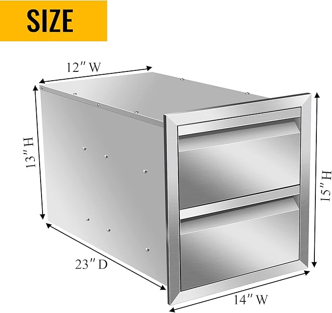 Outdoor Kitchen Drawers Stainless Steel 14W X 15H X 23D Inch, Flush Mount Double BBQ Island Drawers with Hidden Handle for Outdoor Kitchens, Patio or Grill Station