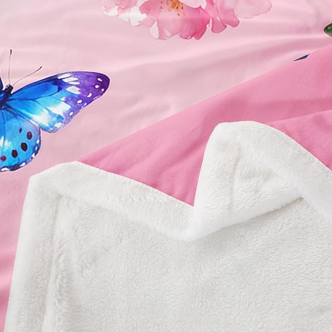 Feelyou Girls Pink Butterfly Fleece Throw Blanket Queen 90"x90" Kids Cherry Blossom Sherpa Blanket Plush Fuzzy for Bed Couch Chair Living Room, Floral Flower Bed Blanket Room Decor