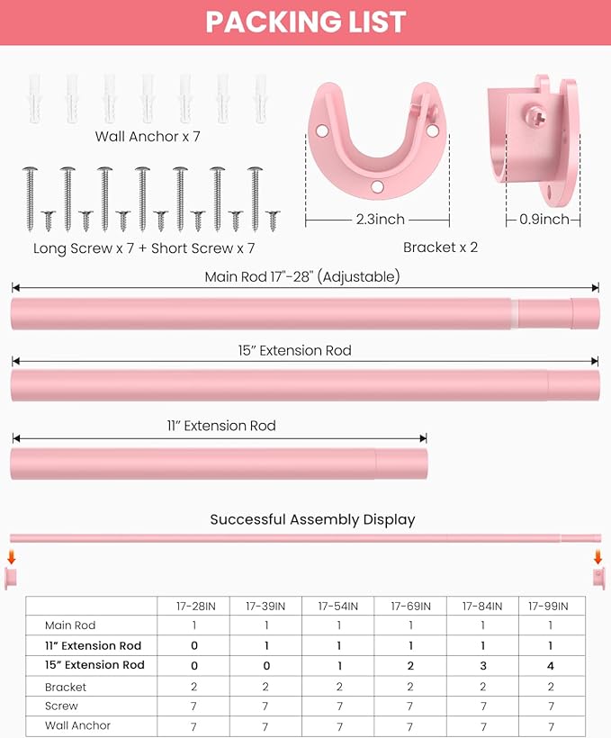 Closet Rods for Hanging Clothes, 17 to 84 Inches Stepless Adjustable Metal Closet Rod, 1.3 Inches Heavy Duty Clothes Hanging Rod for Closet Wardrobes Laundry RV, Pink