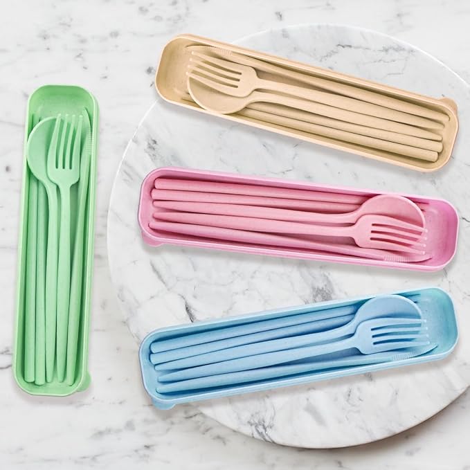 4 Sets Reusable Utensils Set with Case,Camping Cutlery Set Travel Silverware Set with Case Lunch Utensils Set for Work,Utensil Sets for Lunch Picnic Daily Use Outdoor (COLOR A)