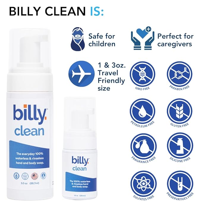 Billy Clean Mix 100% Natural No Rinse Waterless Soap, Hand and Body, Travel Size Foaming Hand Sanitizer Alcohol Free, Elderly and Kids