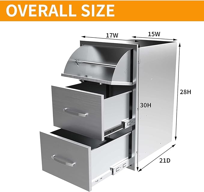Outdoor Kitchen Drawers Stainless Steel 17W X 30H X 21D Inch, Flush Mount Triple BBQ Island Drawers with Handle for Outdoor Kitchens, Patio or Grill Station