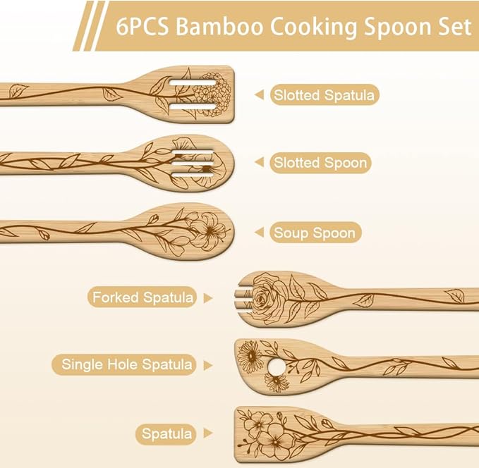 GLOBLELAND 6Pcs Floral Bamboo Cooking Utensils Wooden Engraved Cooking Spoons Set Carving Kitchen Bamboo Spatula Set for Women and Men Wood Cooking Spoon for Kitchen House Warming Gift