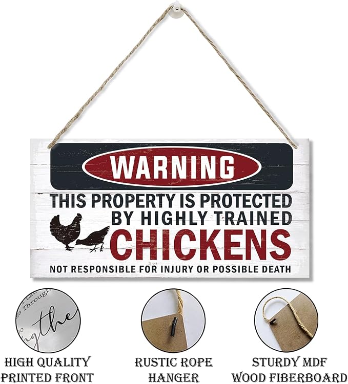 Funny Warning Signs, The Property is Protected By Highly Trained Chicken Sign, Decorative Wood Hanging Wood Plaque, Farmhouse Home Garden Yard Decor, Door Gate Hanger, Chicken Farm Decor