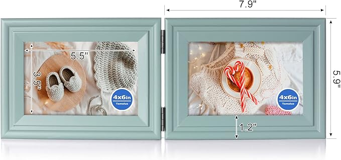 4x6 Double Horizontal Hinged Picture Frame Folding Photo Frame in Teal Blue Pine Wood with Real Glass for Tabletop X2-LAN-2H46