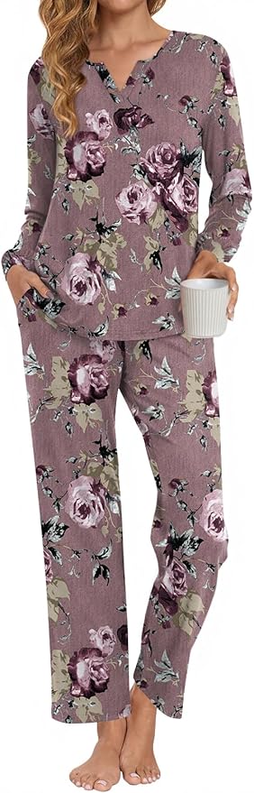 Anyally Women's Plus Size Pajama Sets Ladies Fall Pjs 2 Pieces Lounge Outfits V Neck Long Sleeves Sleepwear with Pockets