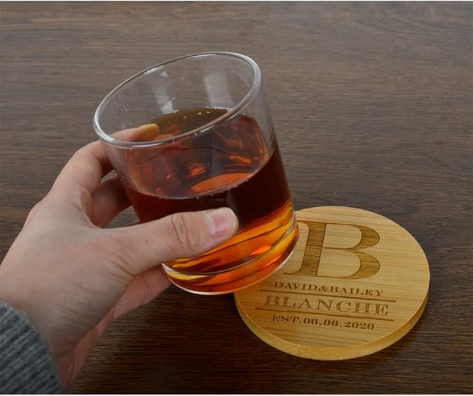 Personalized Coasters, Custom Engraved Coasters, Bamboo Coasters for Drinks, Monogram Coasters with Holder, Great Gifts for Relatives, Friends or Yourself (B, Set of 4)