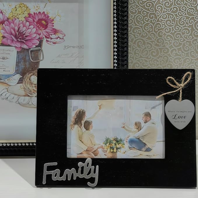 Family Picture Frame 4x6,Where Life Begins and Love Never Ends Photo Frame Heart Black,Father Day,Mother Day' S Gift,Wooden Family Frame for Wall 4x6 (Family Horizontal)