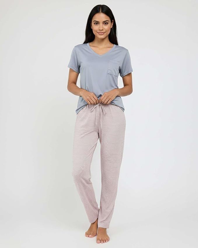 Real Essentials 2 Pack: Women's Comfy Pajama Sets - Short & Long Sleeve Ladies Loungewear Sleepwear PJs (Available In Plus)