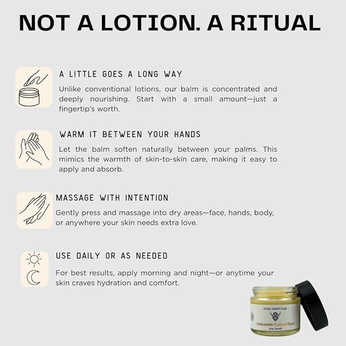 Pure Heritage Handmade Tallow Balm – Unscented Grass-Fed & Finished Moisturizer & Healing Cream | Natural Care for Sensitive Skin, Eczema, Rosacea, Babies, Men & Women (2oz)