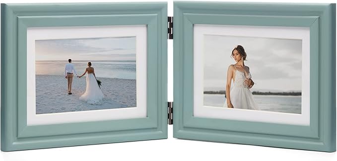 Horizontal 5X7 Picture Frames Double Hinged Wood Folding Photo Frames with Real Glass Front Fit for Desktop or Tabletop Display Pictures 4x6 with Mat or 5x7 Without Mat, Teal Blue XLAN-H75X2