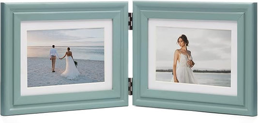 Horizontal 5X7 Picture Frames Double Hinged Wood Folding Photo Frames with Real Glass Front Fit for Desktop or Tabletop Display Pictures 4x6 with Mat or 5x7 Without Mat, Teal Blue XLAN-H75X2