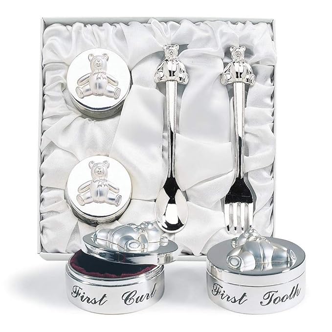 Baby’s First Curl and First Tooth Keepsake Box Collection | Adorable Teddy Bear Designs | Charming Gift | Satin-Lined White Gift Box | 6” Square