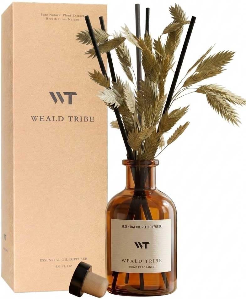 WEALD TRIBE Bamboo Scent Flower Reed Diffuser Set for Bathroom Air Fresheners, Oil Diffuser Sticks | 4.0 fl oz Home Fragrance with Sticks Defusers | House Bedroom Office Shelf Decor