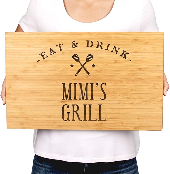 Andaz Press Large Bamboo Wood BBQ Cutting Board Gift, 17.75 x 11-inch, Mimi's Grill, 1-Pack, Laser Engraved Serving Chopping Board Christmas Birthday Chef Kitchen Ideas