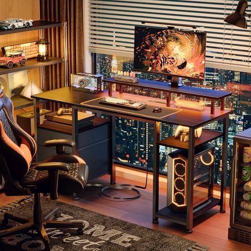 Furologee 51" Gaming Desk with Power Outlets & LED Lights, Reversible Computer Desk with File Cabinet & Monitor Stand for Home Office, Large Work Table with Storage Shelves & Drawer, Black
