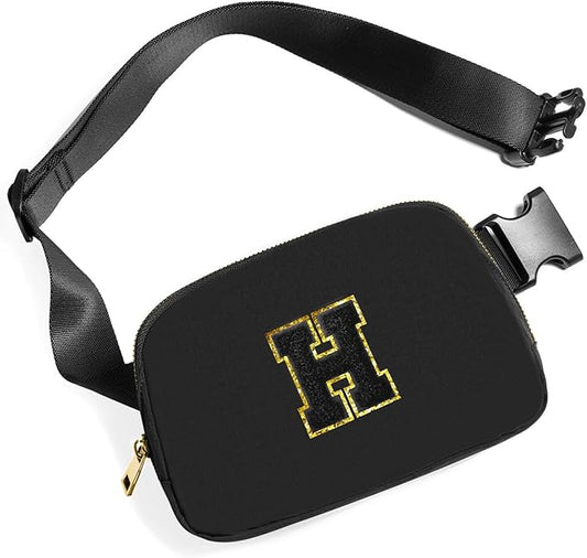 Gitus Belt Bag Fanny Pack Crossbody Bags with Initial Letter Patch Gifts for Wife Older Women Mother Coworker Bridesmaid Anniversary Travel Gifts Beach Gifts (Black-H)