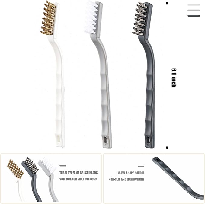 ORIJOYNA Set of 3 Kitchen Cleaning Scrubbers - Wire Brush (Stainless Steel + Brass + Nylon) for Range Hood Grease, Grime and Rust