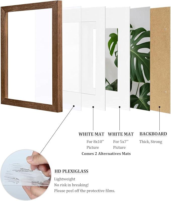 Egofine 11x14 Picture Frames Set of 4, Made of Solid Wood Covered by Plexiglass 5x7 and 8x10 with Mat or 11x14 without Mat, for Table Top Display and Wall Mounting Photo Frame,Walnut Brown