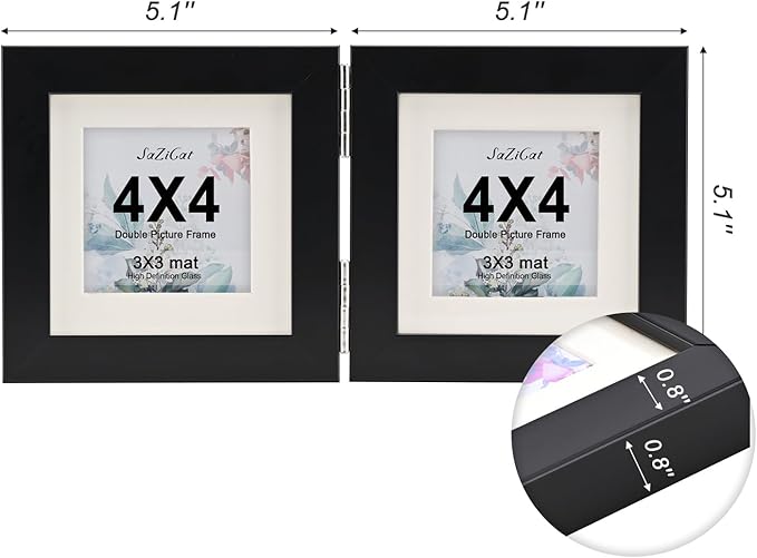 Double Hinged 4x4 Picture Frame with Real Glass-Tabletop or Wall Mounted, Display for 3x3 & 4x4 Photos (with/without Mat)-Classic Black, For Family Photos & Wedding Memories-H44X2