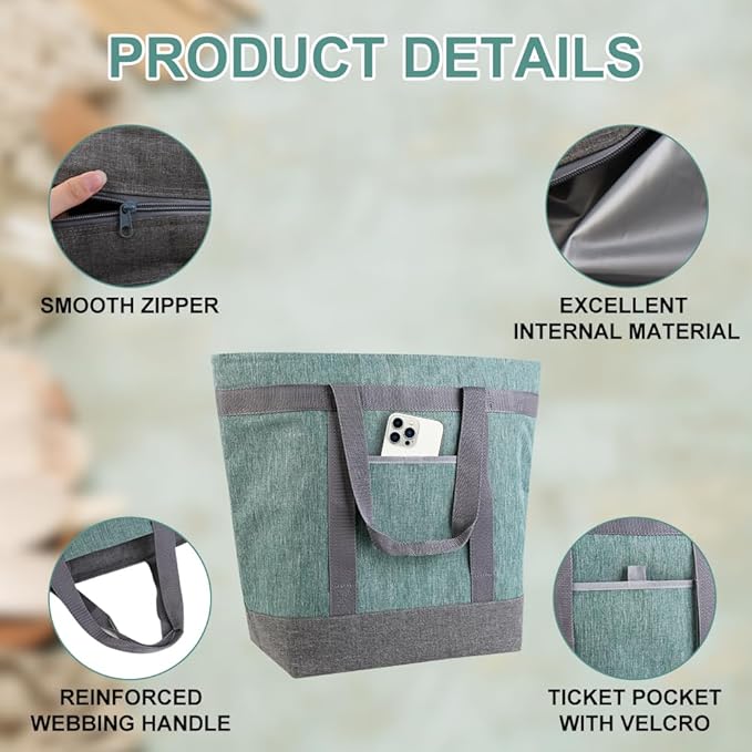 mosago Insulated Food Delivery Bag, 4-Layer Thermal Cooler Bag for Travel & Picnic, Large 39L Grocery Tote for Women/Men, Leak-Resistant Commercial Catering Bag for Pizza & Hot/Cold Food, Green