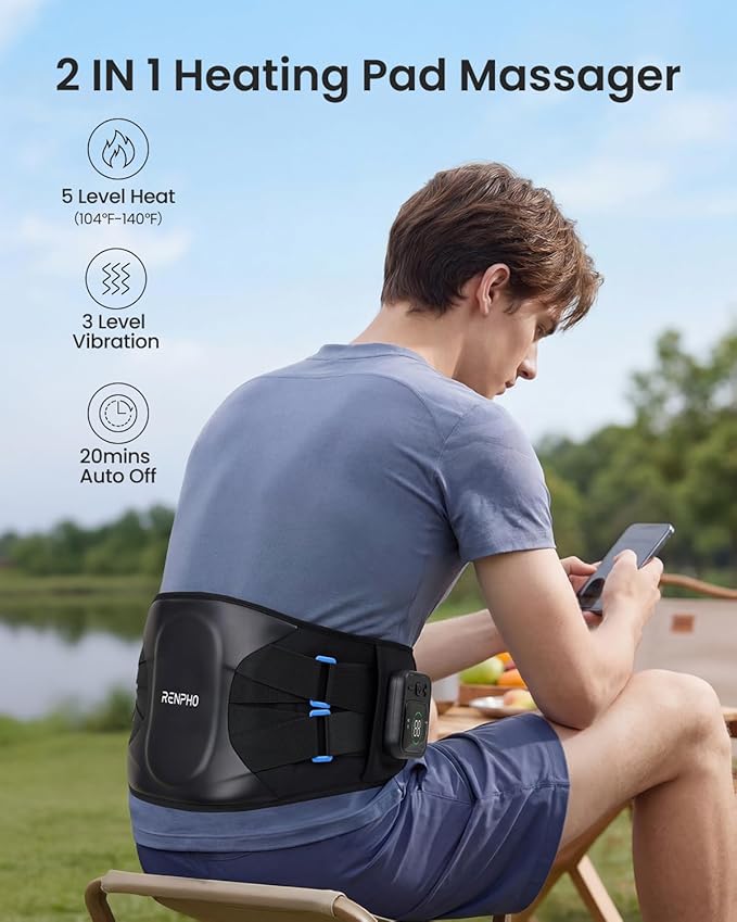 RENPHO Cordless Heating Pad for Back & Period Pain Relief, FSA Eligible & HSA Store, Portable Wireless Heat Pad with Massager, 5 Heat 3 Vibration, Birthday Gifts for Women Men 90-310 lbs