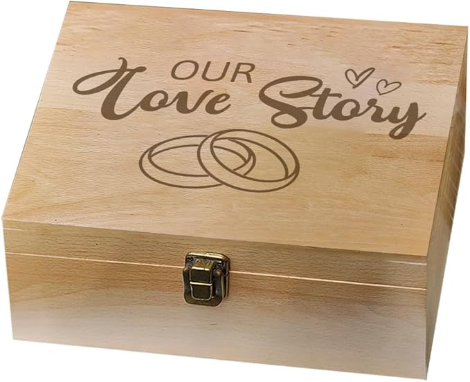 arricraft 1 Pc Wooden Memory Keepsake Box, Our Love Story Box with Hinged Lids for Wedding Engagement Anniversary Couple Valentine's Day Gift Storage Box Keepsake to Store Photos Letters