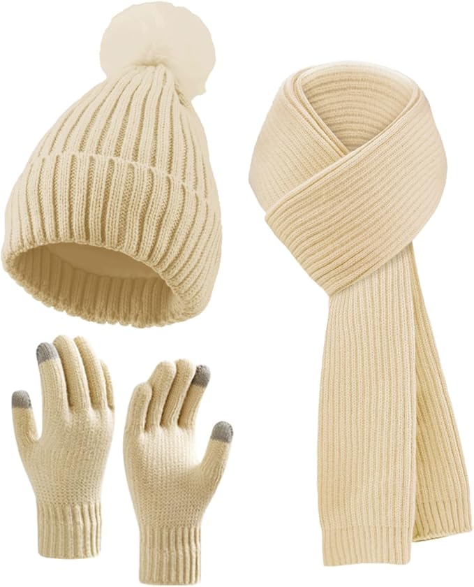 Winter Beanie Hat Scarf Gloves Set for Women, Fleece Knit Pompom Beanie Neck Warmer Long Scarf Touchscreen Gloves 3 in 1 Set