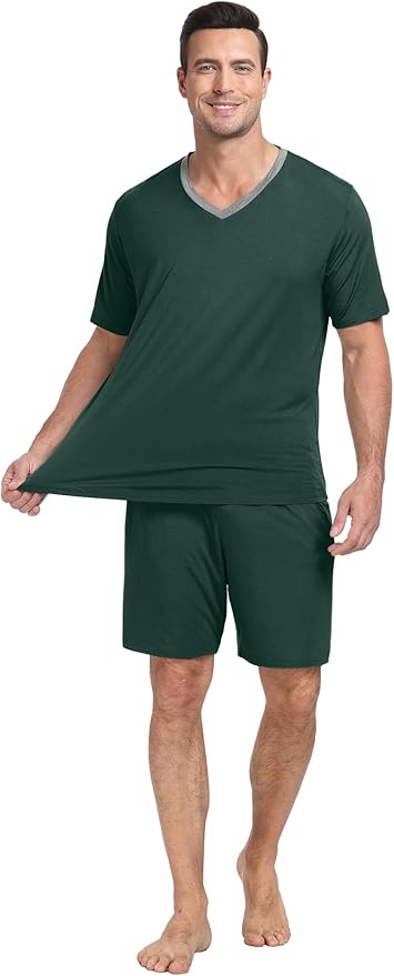 PrinStory Men's Pajama Set Sleepwear Pjs Lightweight Quick Dry Short Sleeve V-Neck Shirts and Shorts Soft Comfy Sleep Sets