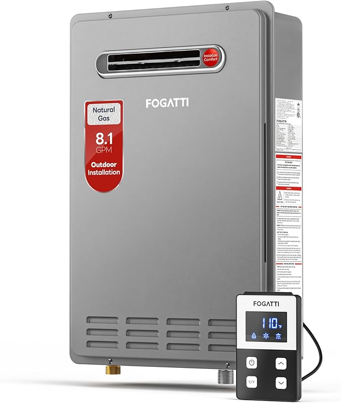 FOGATTI Natural Gas Tankless Water Heater Outdoor - Max 8.1 GPM 180,000 BTU, CSA Certified Compact Design On Demand Instant Hot Water Heater - Instagas Comfort 180S Series, New Upgraded