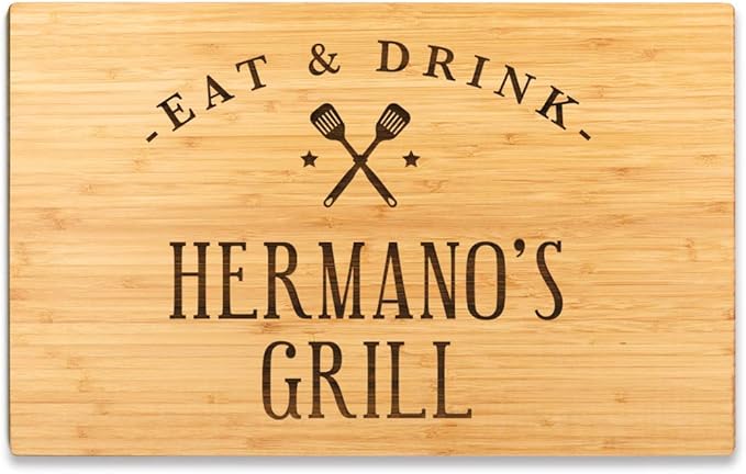 Andaz Press Large Bamboo Wood BBQ Cutting Board Gift, 17.75 x 11-inch, Hermano's Grill, 1-Pack, Laser Engraved Serving Chopping Board Christmas Birthday Chef Kitchen Ideas