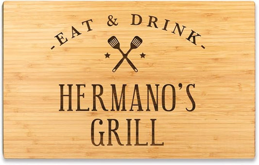 Andaz Press Large Bamboo Wood BBQ Cutting Board Gift, 17.75 x 11-inch, Hermano's Grill, 1-Pack, Laser Engraved Serving Chopping Board Christmas Birthday Chef Kitchen Ideas
