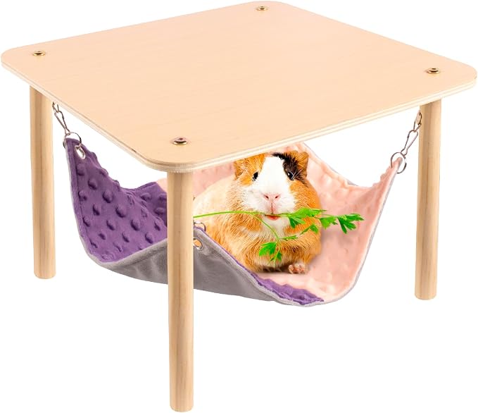 BESNEW Enlarged Guinea Pig Hammock with Wooden Stand,Small Animal Hanging Bed Large Platform for Guinea Pigs Bunny Ferret Hamster Hiding Sleeping 13L x 13W x 11H in