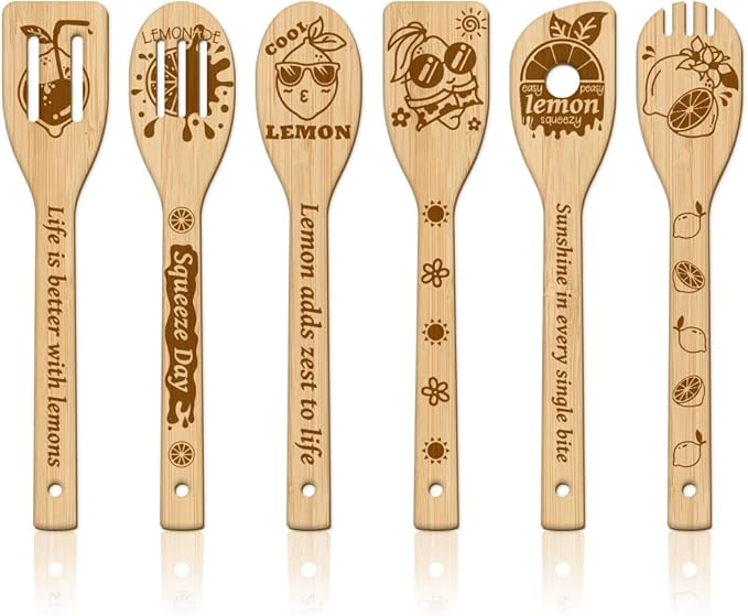 GLOBLELAND 6Pcs Lemon Wooden Spoons Utensil Set Bamboo Carving Kitchen Cooking Utensils for Women and Men Wooden Engraved Cooking Spatula Set for Kitchen Fun House Warming Gift